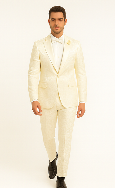 Rossiman Men’s Champagne Ivory Jacquard Paisley Tuxedo – Satin Shawl Lapel