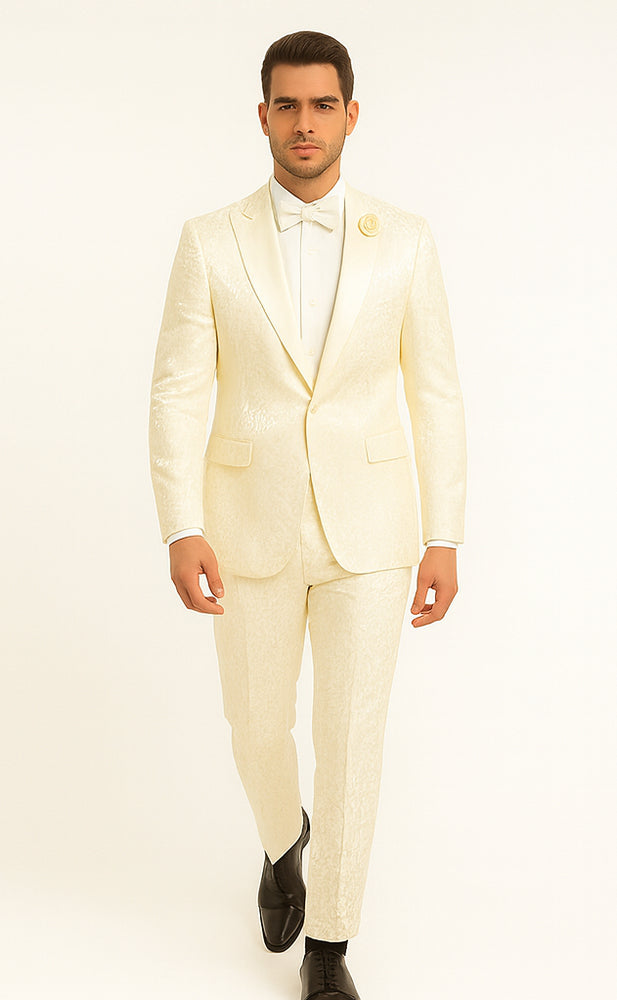 Rossiman Men’s Champagne Ivory Jacquard Paisley Tuxedo – Satin Shawl Lapel