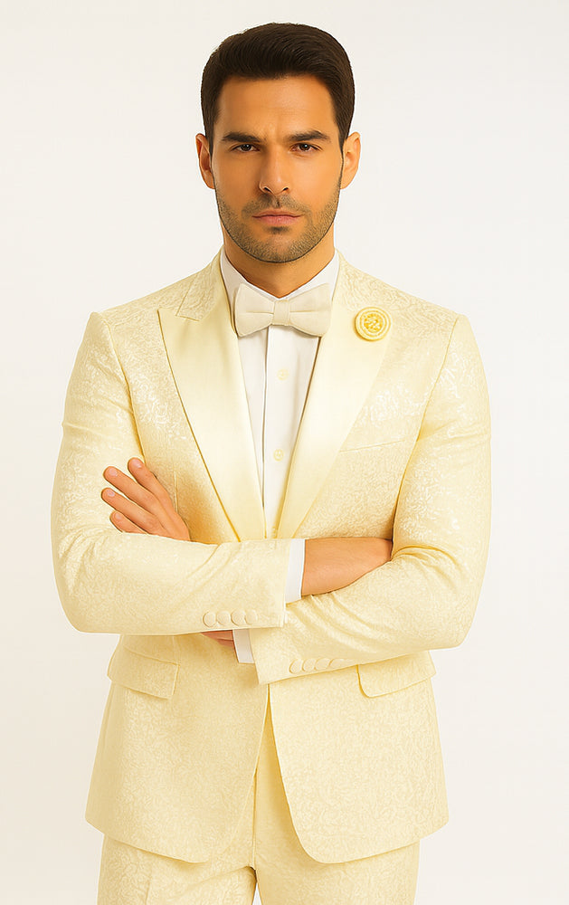 Rossiman Men’s Champagne Ivory Jacquard Paisley Tuxedo – Satin Shawl Lapel