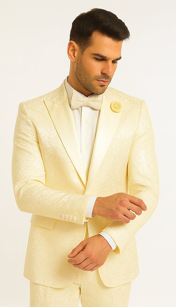 Rossiman Men’s Champagne Ivory Jacquard Paisley Tuxedo – Satin Shawl Lapel