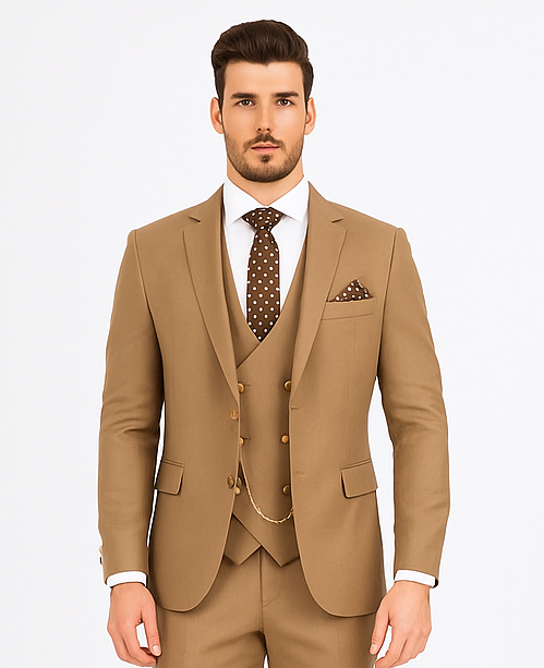 Rossiman Men’s Tan Suit | Gold Buttons & Double-Breasted Vest Elegance – Italian Tailored Luxury Suit for Men