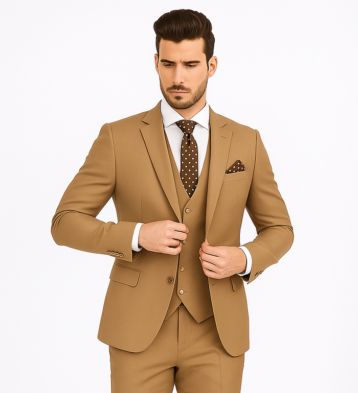 Rossiman Men’s Tan Suit | Gold Buttons & Double-Breasted Vest Elegance – Italian Tailored Luxury Suit for Men