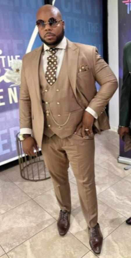 Rossiman Men’s Tan Suit | Gold Buttons & Double-Breasted Vest Elegance – Italian Tailored Luxury Suit for Men