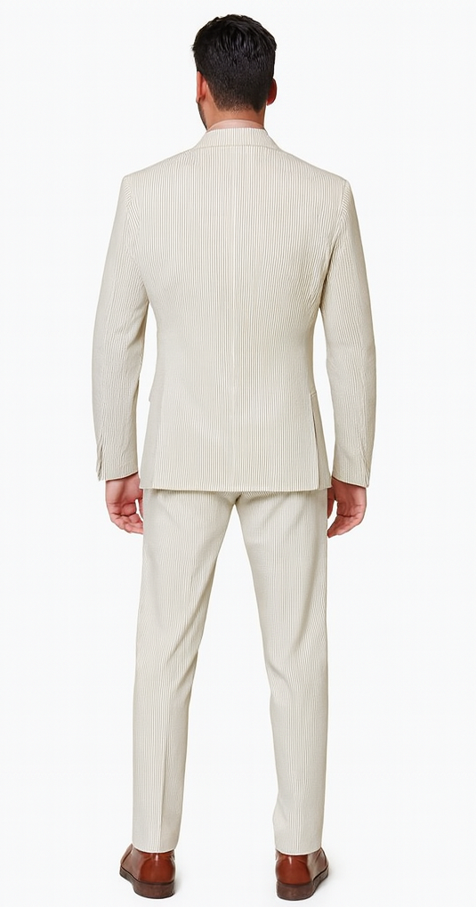 Rossiman Men’s Beige Seersucker Suit – Peak Lapel  Suit with Tone-on-Tone Shadow Stripe