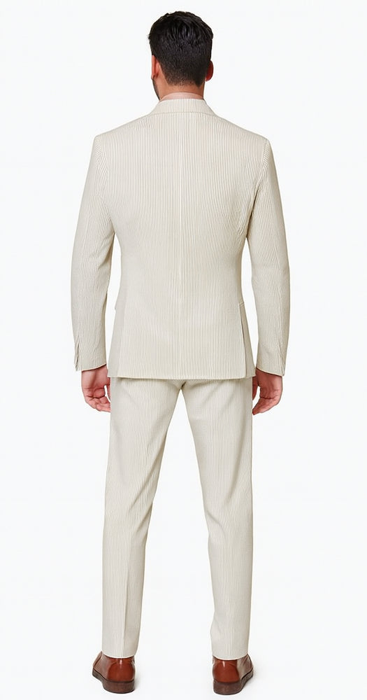 Rossiman Men’s Beige Seersucker Suit – Peak Lapel  Suit with Tone-on-Tone Shadow Stripe