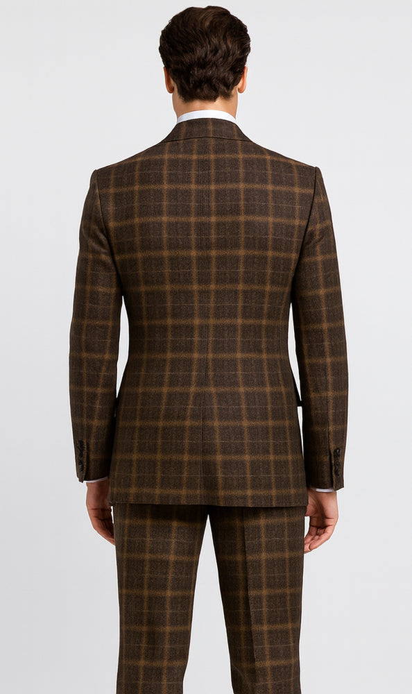 Rossiman Men’s Brown Windowpane Plaid Double-Breasted Wool Suit – Classic Formalwear