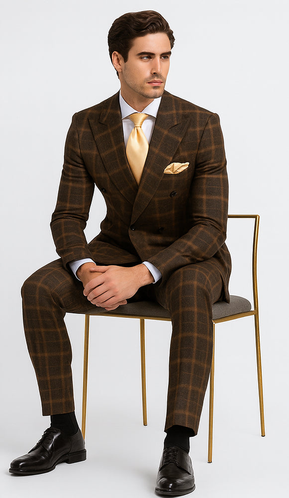 Rossiman Men’s Brown Windowpane Plaid Double-Breasted Wool Suit – Classic Formalwear