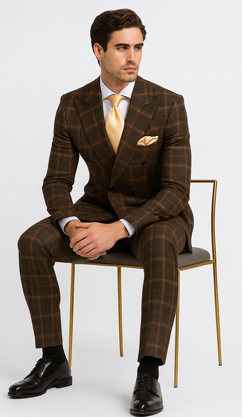 Rossiman Men’s Brown Windowpane Plaid Double-Breasted Wool Suit – Classic Formalwear