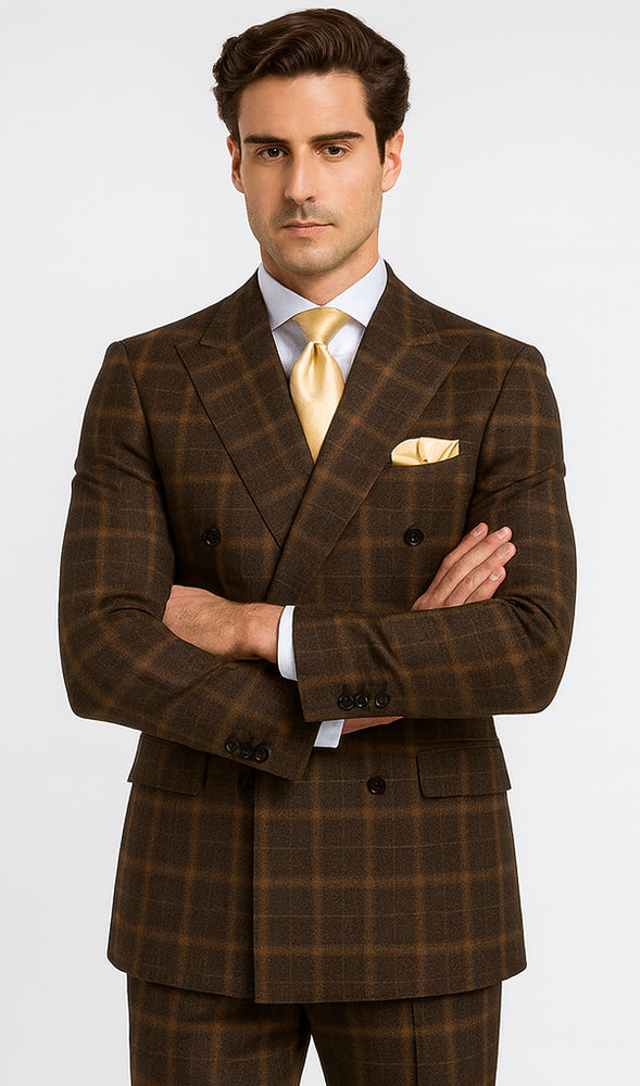 Rossiman Men’s Brown Windowpane Plaid Double-Breasted Wool Suit – Classic Formalwear
