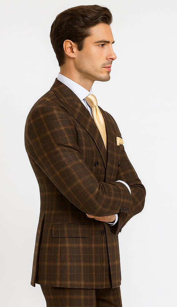 Rossiman Men’s Brown Windowpane Plaid Double-Breasted Wool Suit – Classic Formalwear