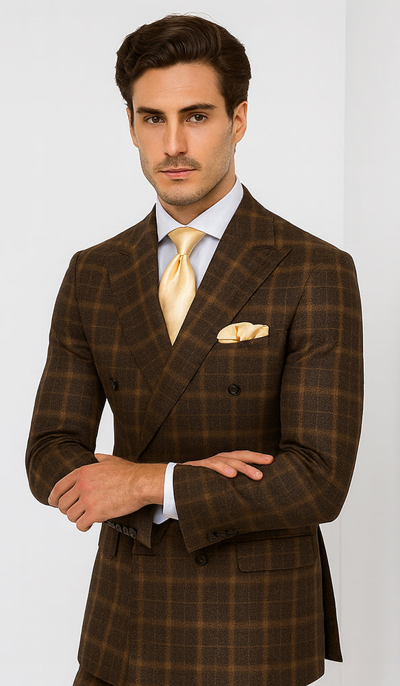 Rossiman Men’s Brown Windowpane Plaid Double-Breasted Wool Suit – Classic Formalwear