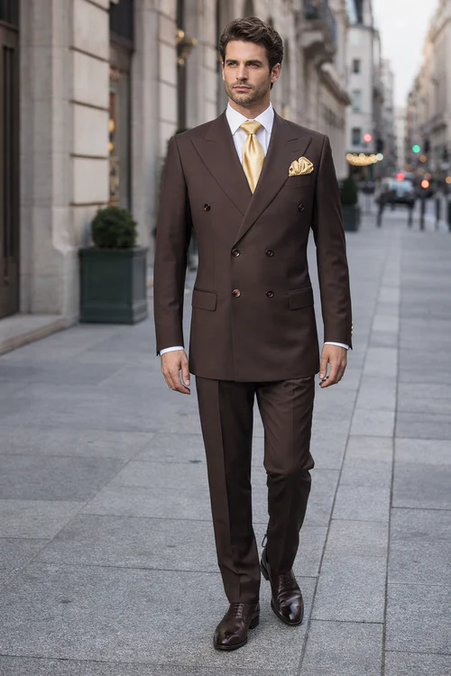 Suits With Baggy Pleated Pants - Wide Leg Pants 100% Wool - Classic Fit in Brown Color by Rossiman