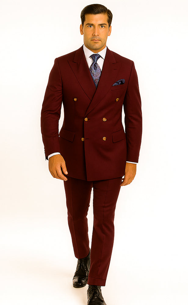 Rossiman Men’s Burgundy Slim Fit Double-Breasted Suit – Modern Two-Piece Formalwear
