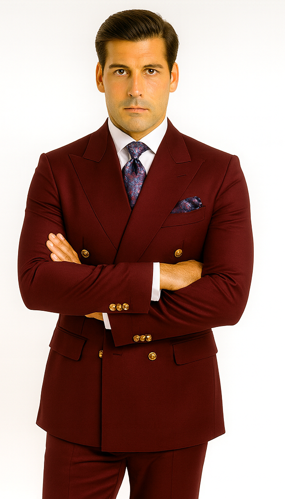 Rossiman Men’s Burgundy Slim Fit Double-Breasted Suit – Modern Two-Piece Formalwear