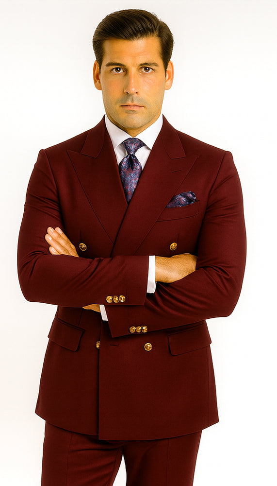 Rossiman Men’s Burgundy Slim Fit Double-Breasted Suit – Modern Two-Piece Formalwear