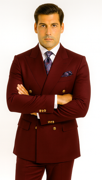 Rossiman Men’s Burgundy Slim Fit Double-Breasted Suit – Modern Two-Piece Formalwear
