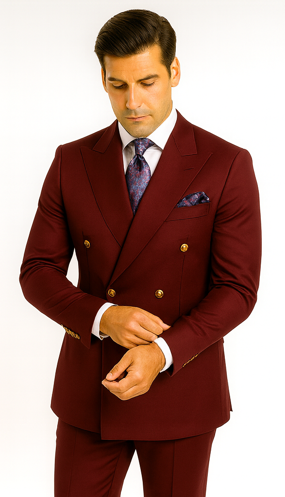 Rossiman Men’s Burgundy Slim Fit Double-Breasted Suit – Modern Two-Piece Formalwear