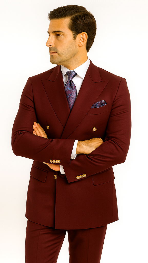 Rossiman Men’s Burgundy Slim Fit Double-Breasted Suit – Modern Two-Piece Formalwear