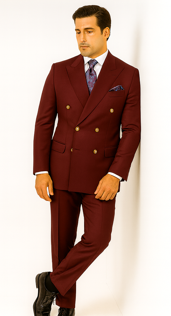 Rossiman Men’s Burgundy Slim Fit Double-Breasted Suit – Modern Two-Piece Formalwear