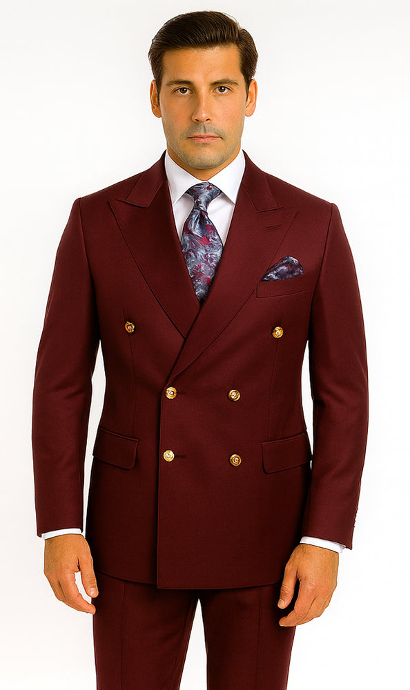 Rossiman Men’s Burgundy Slim Fit Double-Breasted Suit – Modern Two-Piece Formalwear