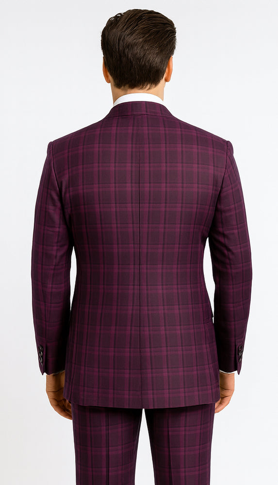 Rossiman Men’s Burgundy Windowpane Plaid Double-Breasted Suit