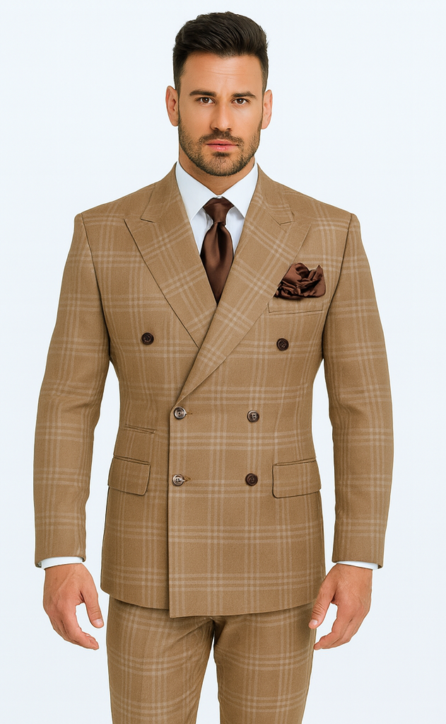 Rossiman Men’s Brown Windowpane Plaid Double-Breasted Wool Suit - Classic Formalwear by USA Men's Outlet main image 1