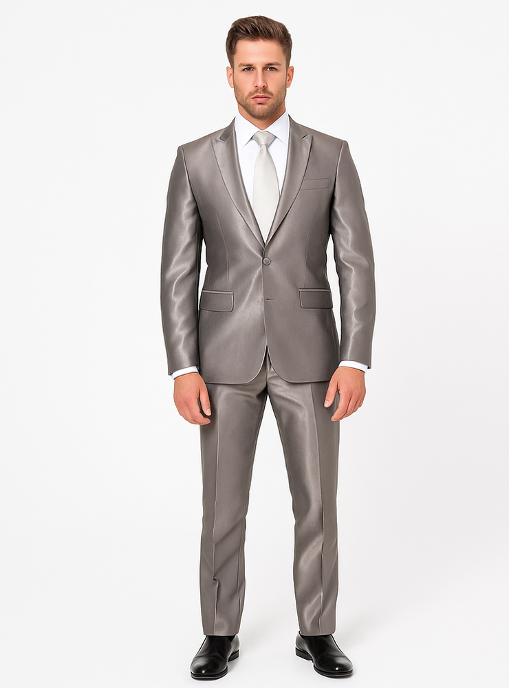Rossiman Men’s Gray Shiny Sateen Suit | Sleek & Modern Formalwear – Italian Tailored Double-Breasted Luxury Suit