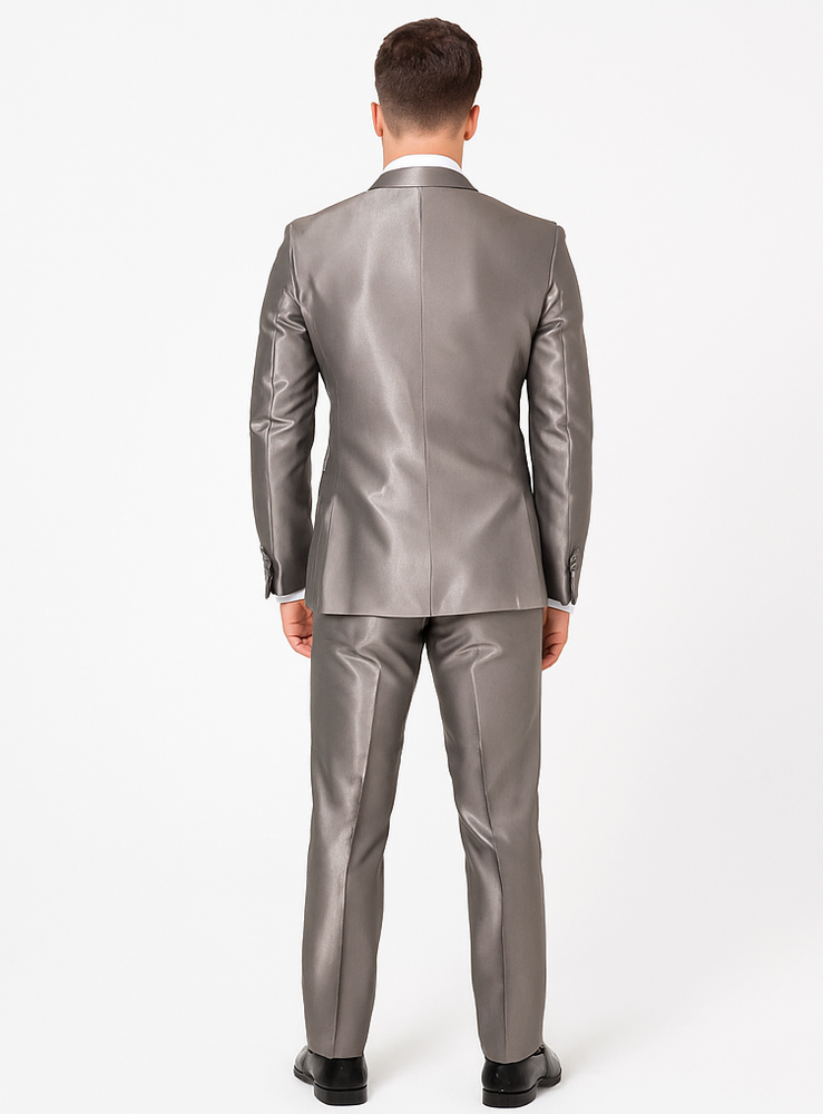 Rossiman Men’s Gray Shiny Sateen Suit | Sleek & Modern Formalwear – Italian Tailored Double-Breasted Luxury Suit