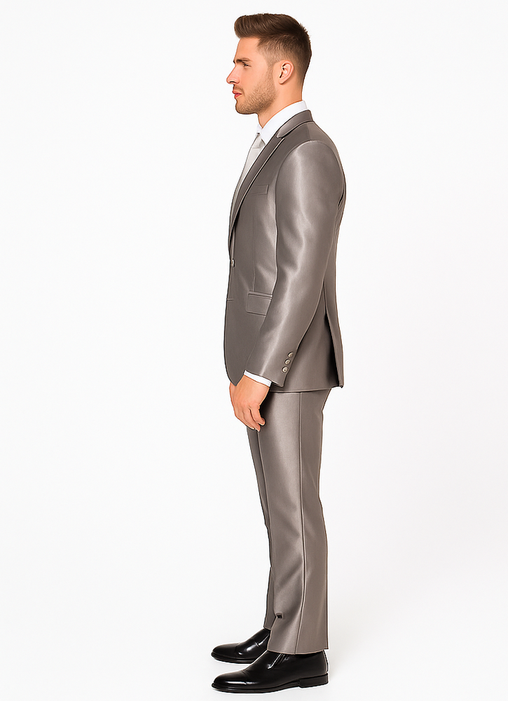 Rossiman Men’s Gray Shiny Sateen Suit | Sleek & Modern Formalwear – Italian Tailored Double-Breasted Luxury Suit