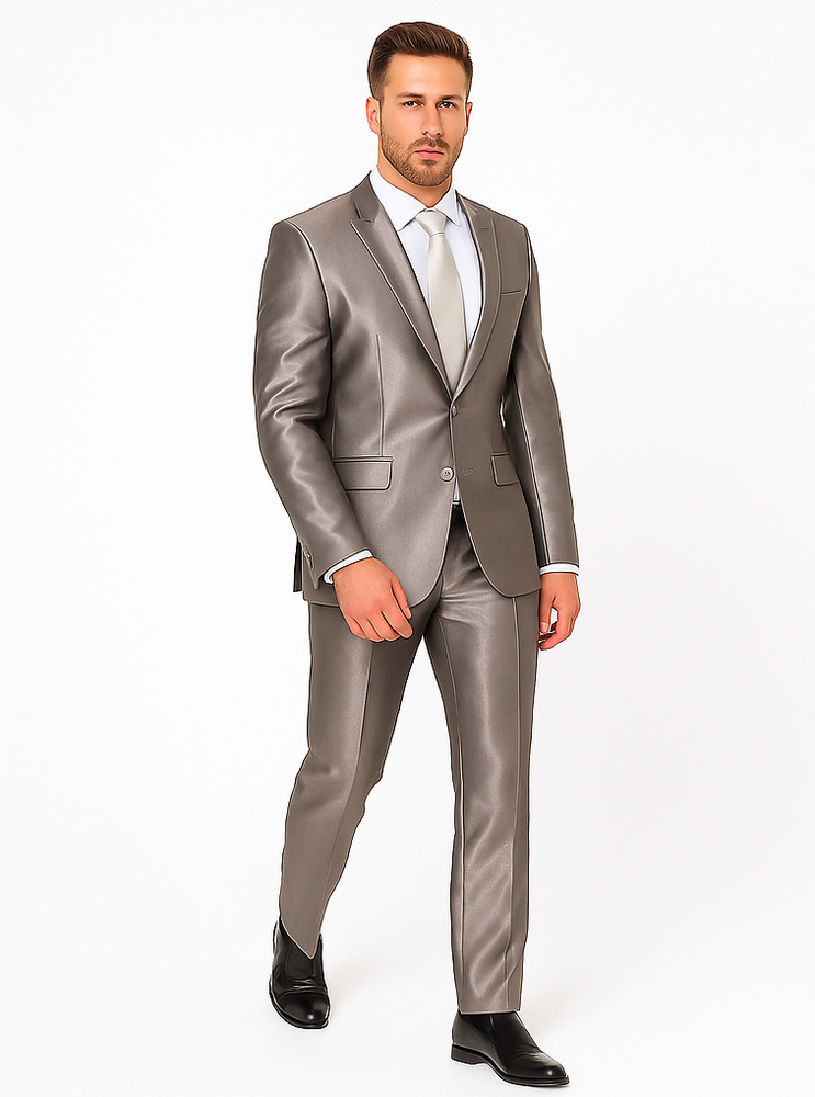 Rossiman Men’s Gray Shiny Sateen Suit | Sleek & Modern Formalwear – Italian Tailored Double-Breasted Luxury Suit