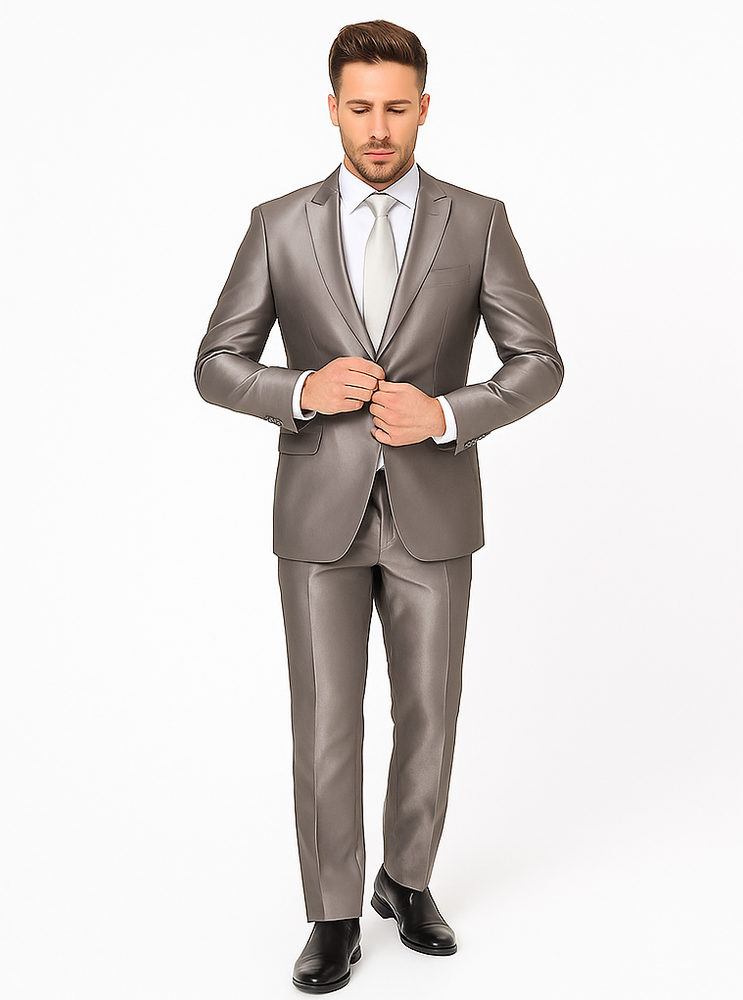Rossiman Men’s Gray Shiny Sateen Suit | Sleek & Modern Formalwear – Italian Tailored Double-Breasted Luxury Suit