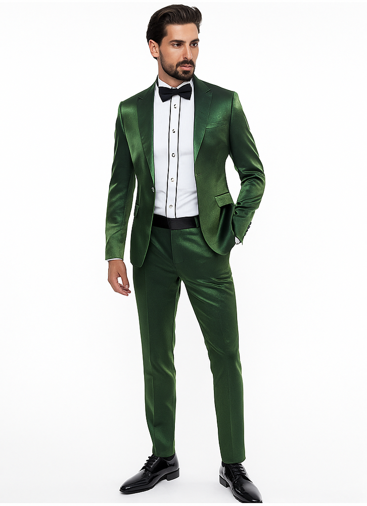 Rossiman Men’s Green Sateen Suit | Glossy Finish with Modern Flair – Italian Tailored Double-Breasted Luxury Suit