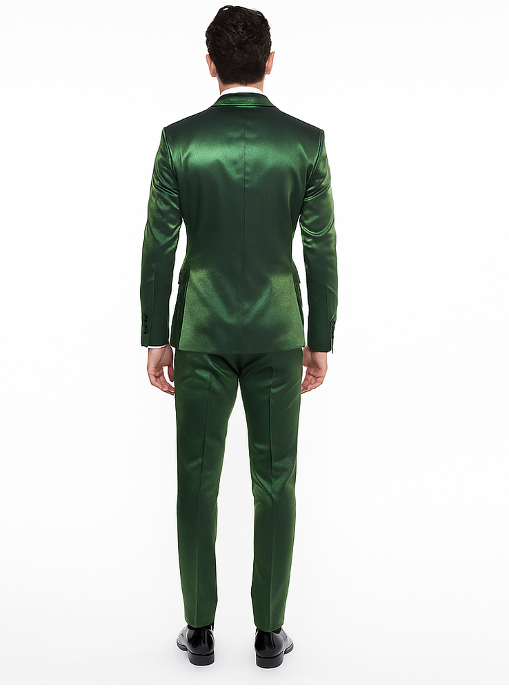 Rossiman Men’s Green Sateen Suit | Glossy Finish with Modern Flair – Italian Tailored Double-Breasted Luxury Suit