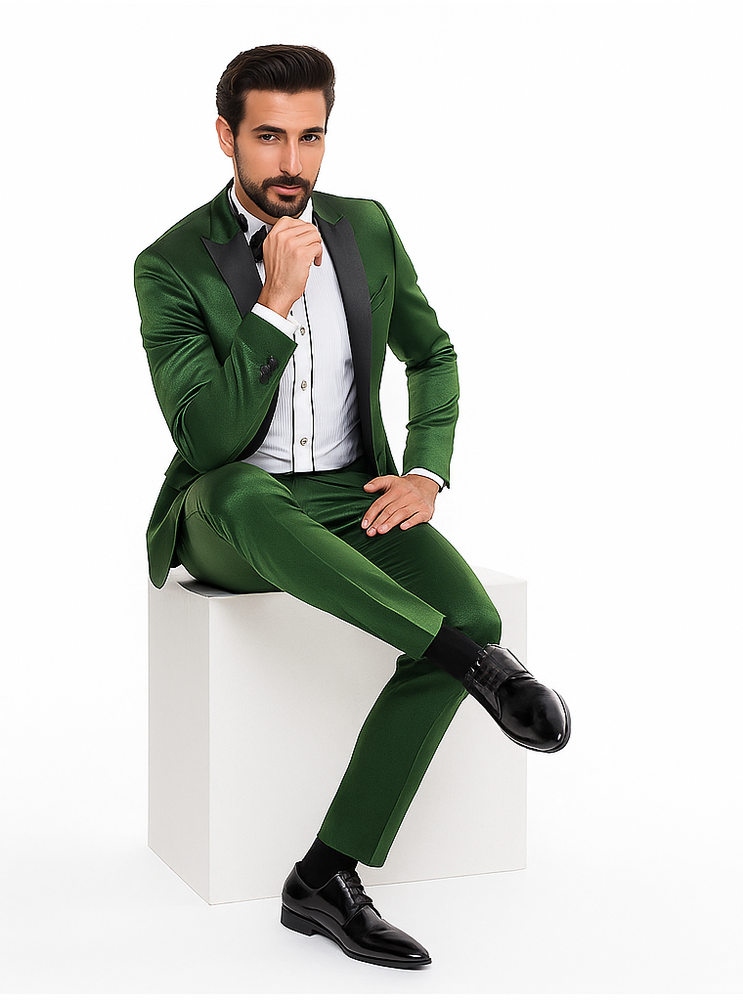 Rossiman Men’s Green Sateen Suit | Glossy Finish with Modern Flair – Italian Tailored Double-Breasted Luxury Suit
