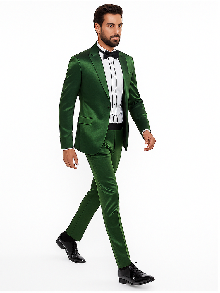 Rossiman Men’s Green Sateen Suit | Glossy Finish with Modern Flair – Italian Tailored Double-Breasted Luxury Suit