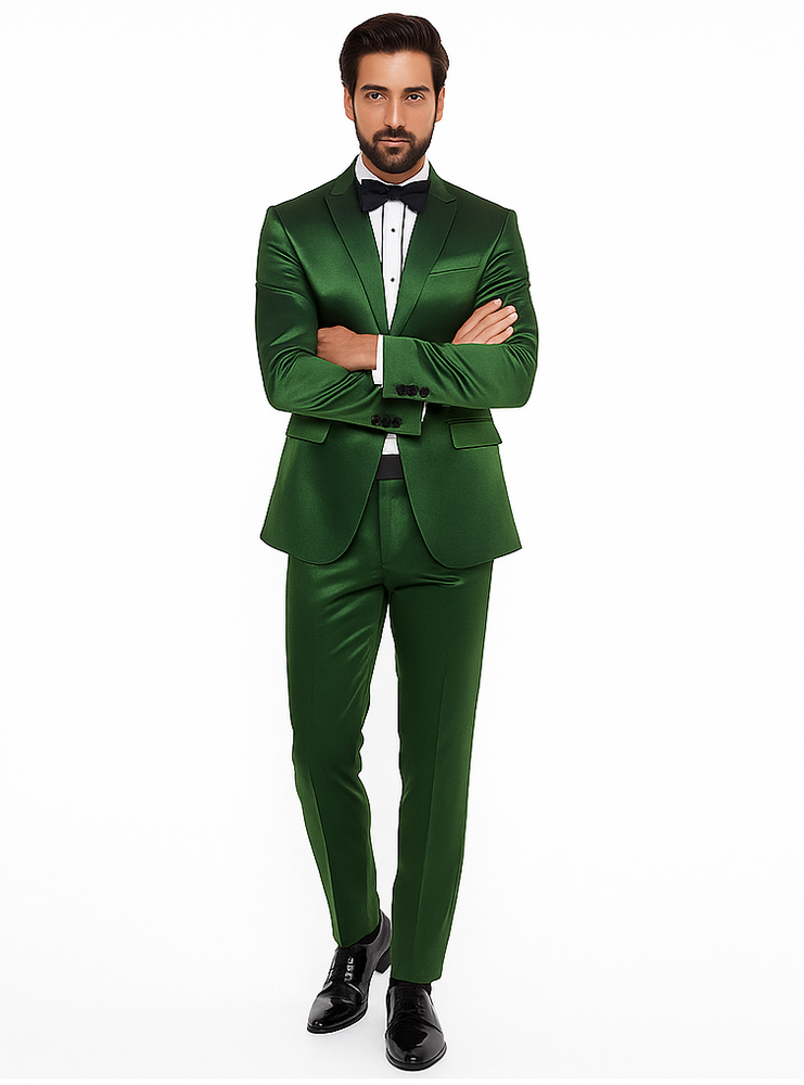 Rossiman Men’s Green Sateen Suit | Glossy Finish with Modern Flair – Italian Tailored Double-Breasted Luxury Suit