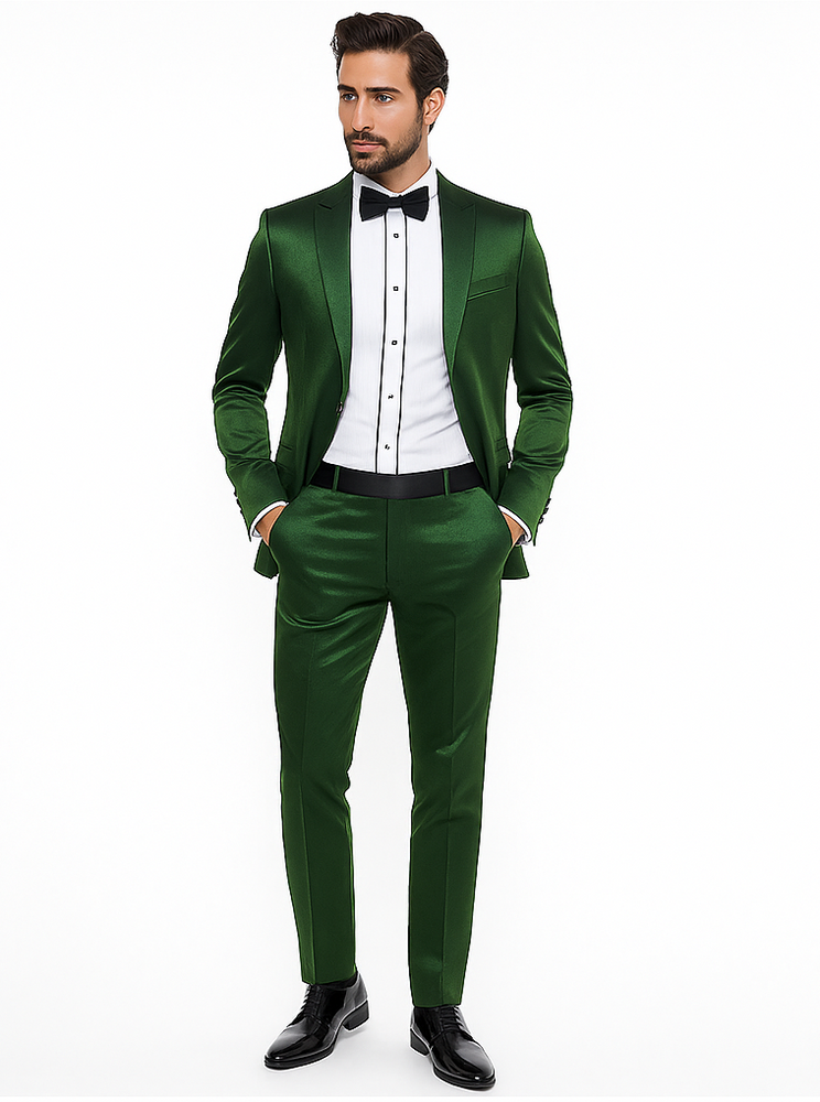 Rossiman Men’s Green Sateen Suit | Glossy Finish with Modern Flair – Italian Tailored Double-Breasted Luxury Suit