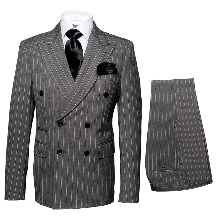 Mens Rossiman Grey Pinstripe Double Breasted Suit – Modern 6-Button Power Suit