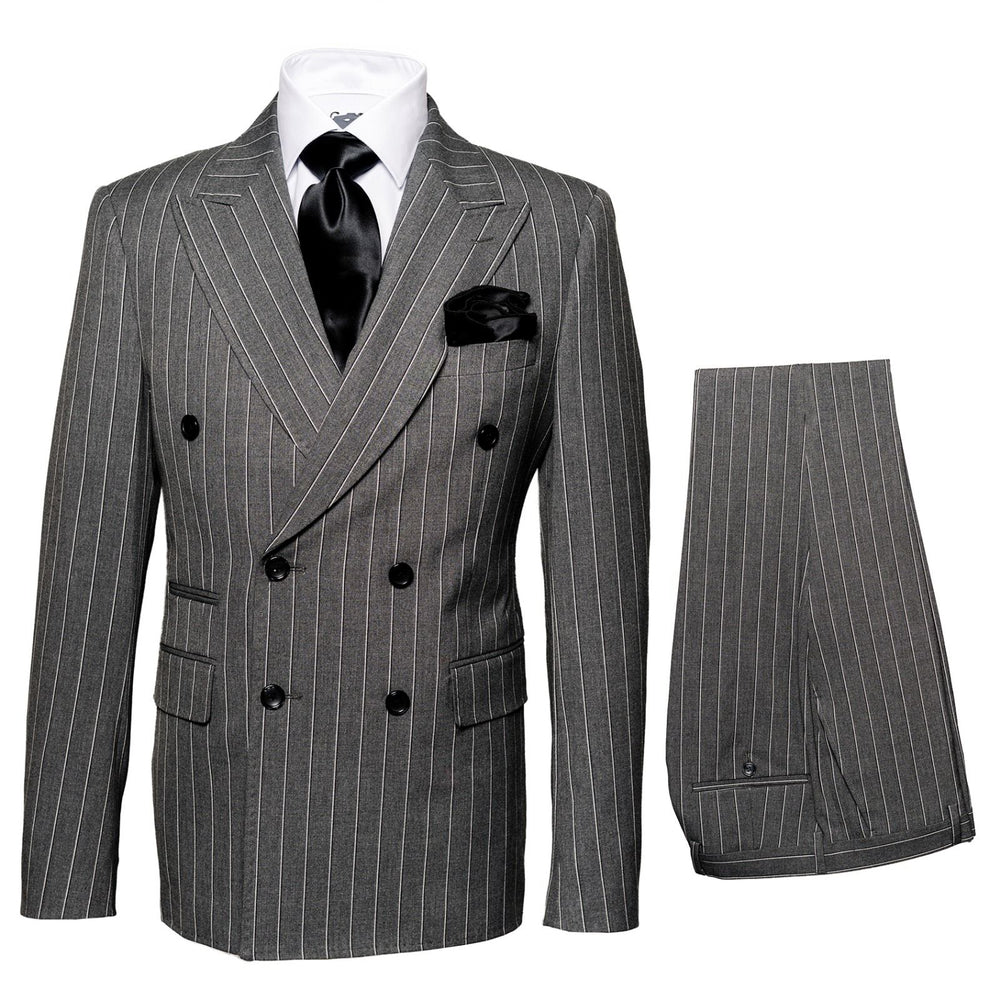 Mens Rossiman Grey Pinstripe Double Breasted Suit – Modern 6-Button Power Suit