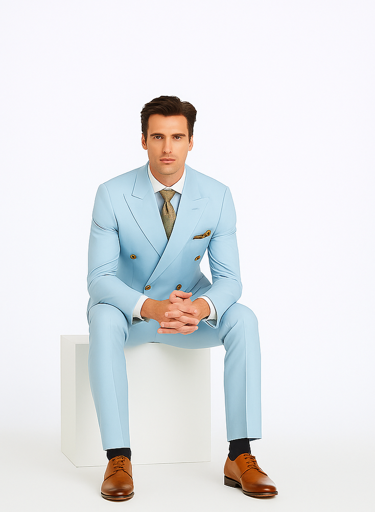 Rossiman Men’s Light Blue Slim Fit Suit | Elegant Double-Breasted Design – Italian Tailored 3-Piece Luxury Suit