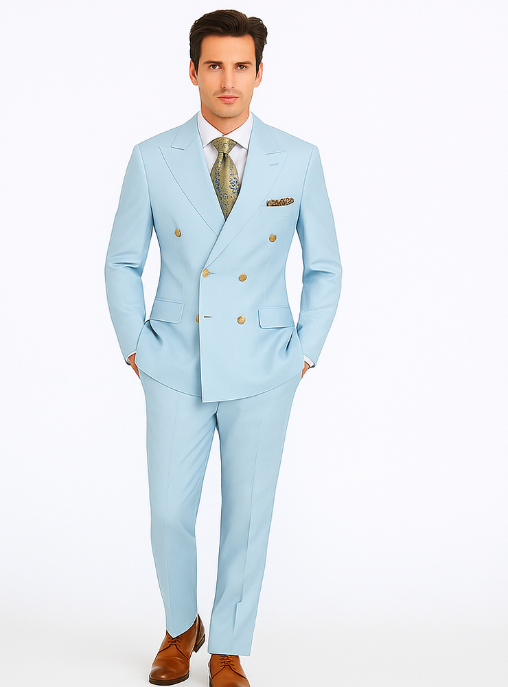 Rossiman Men’s Light Blue Slim Fit Suit | Elegant Double-Breasted Design – Italian Tailored 3-Piece Luxury Suit
