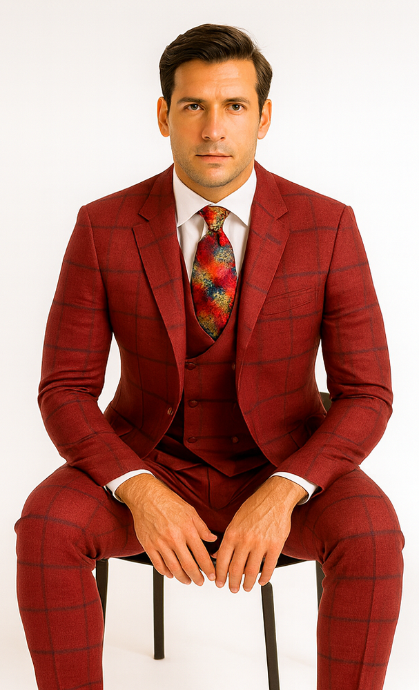 Rossiman Men’s Red & Blue Plaid Double-Breasted Suit – Two-Piece Formalwear