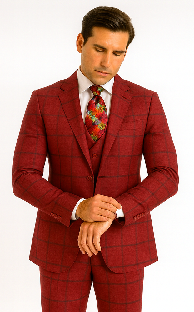Rossiman Men’s Red & Blue Plaid Double-Breasted Suit – Two-Piece Formalwear