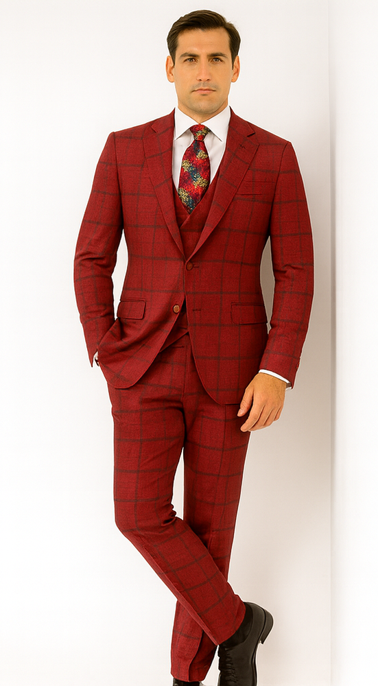 Rossiman Men’s Red & Blue Plaid Double-Breasted Suit – Two-Piece Formalwear