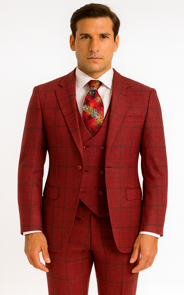 Rossiman Men’s Red & Blue Plaid Double-Breasted Suit – Two-Piece Formalwear