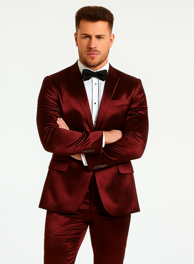 Rossiman Men’s Red Sateen Suit | Glossy Finish Bold Formalwear – Italian Tailored Double-Breasted Luxury Suit