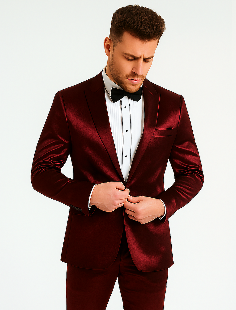 Rossiman Men’s Red Sateen Suit | Glossy Finish Bold Formalwear – Italian Tailored Double-Breasted Luxury Suit