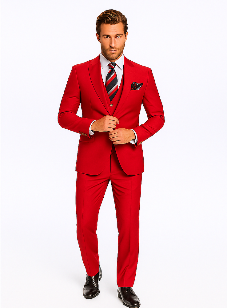 Rossiman Men’s Red Slim Fit Suit | Stylish Double-Breasted Jacket – Italian Tailored 3-Piece Luxury Suit for Men