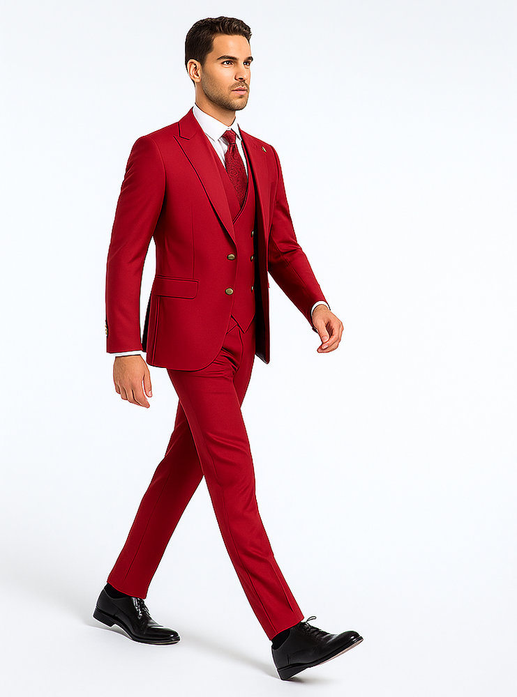 Rossiman Men’s Red Suit | Stylish 1-Button Peak Lapel Jacket & Double-Breasted Vest – Italian Tailored Luxury 3-Piece Suit