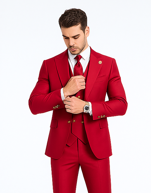 Rossiman Men’s Red Suit | Stylish 1-Button Peak Lapel Jacket & Double-Breasted Vest – Italian Tailored Luxury 3-Piece Suit